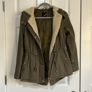 Hooded Anorak coat olive green Sherpa hood